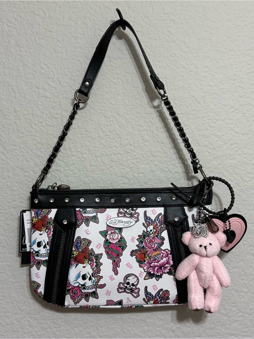 Ed Hardy White & Black Floral Skull Shoulder Bag with Pink Teddy Keychain